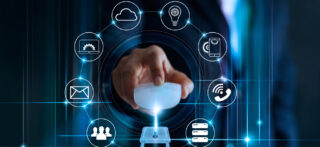 Data protection privacy concept. GDPR. EU. Cyber security. Business man using mouse computer with padlock icon and internet technology network on blue background.